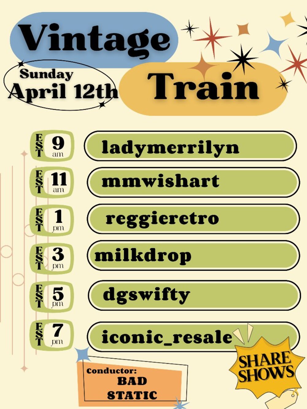 VINTAGE TRAIN APRIL 12th -buy, sell, window shop-